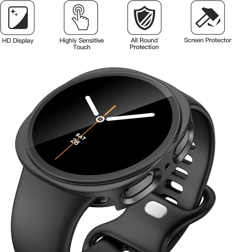 Misxi 2-Pack Hard PC Case with Tempered Glass Screen Protector for Samsung Galaxy Watch 8 44mm, Overall Protection Anti-Slip Scratch-Resistant Cover for Galaxy Watch8, Black - Image 2
